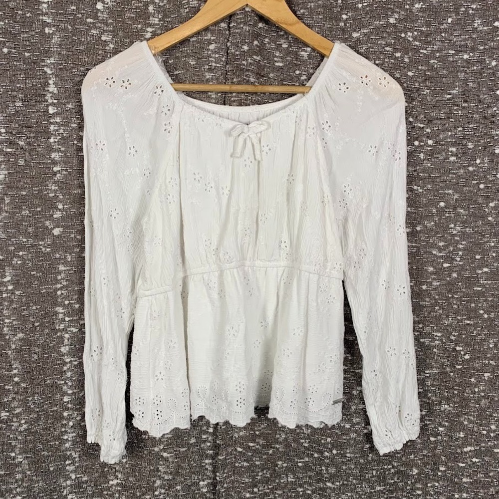 Limited Too White Floral Long Sleeve Eyelet Top Cottagecore Girls Junior's XL